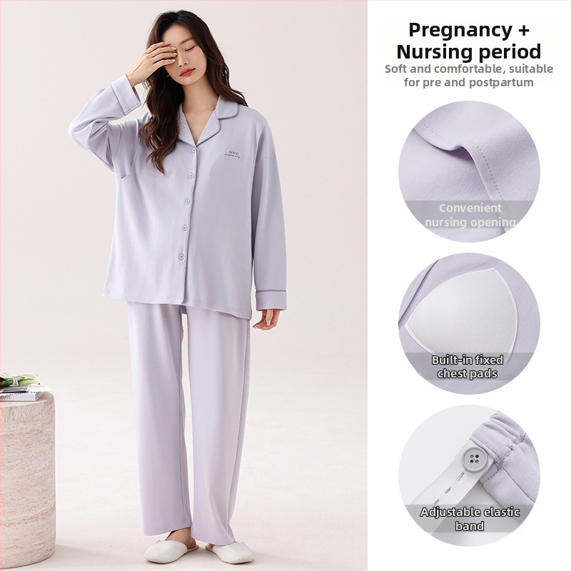 Nėštumo slaugos pižama pavasariui ir rudeniui — elastinga medvilnė, ilgos rankovės, kardigano stiliaus apykaklė su lapeliu, krūties įdėklai, 95–100% medvilnė, vidutinio svorio audinys (161–180 g/m²)