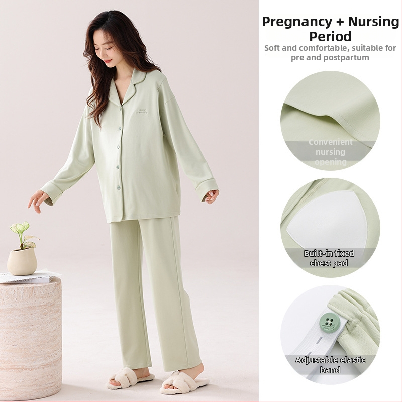 Nėštumo slaugos pižama pavasariui ir rudeniui — elastinga medvilnė, ilgos rankovės, kardigano stiliaus apykaklė su lapeliu, krūties įdėklai, 95–100% medvilnė, vidutinio svorio audinys (161–180 g/m²)