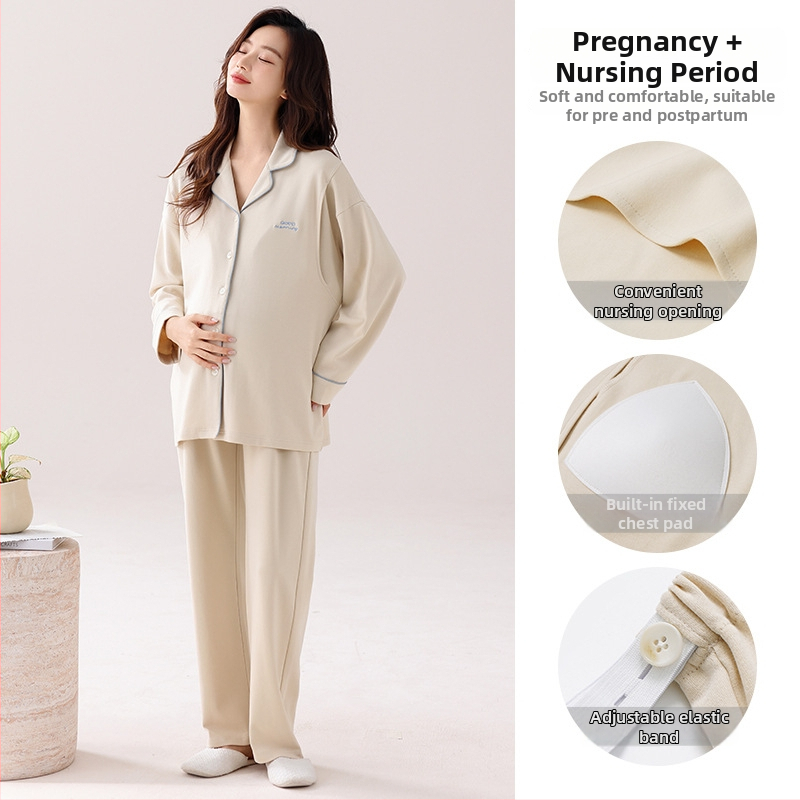Nėštumo slaugos pižama pavasariui ir rudeniui — elastinga medvilnė, ilgos rankovės, kardigano stiliaus apykaklė su lapeliu, krūties įdėklai, 95–100% medvilnė, vidutinio svorio audinys (161–180 g/m²)