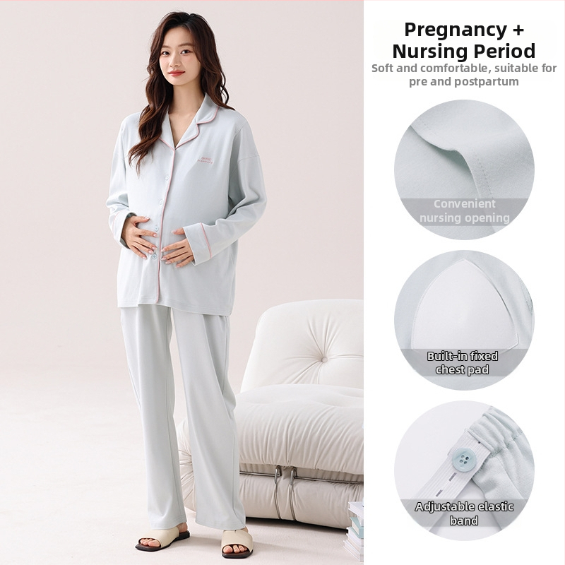 Nėštumo slaugos pižama pavasariui ir rudeniui — elastinga medvilnė, ilgos rankovės, kardigano stiliaus apykaklė su lapeliu, krūties įdėklai, 95–100% medvilnė, vidutinio svorio audinys (161–180 g/m²)