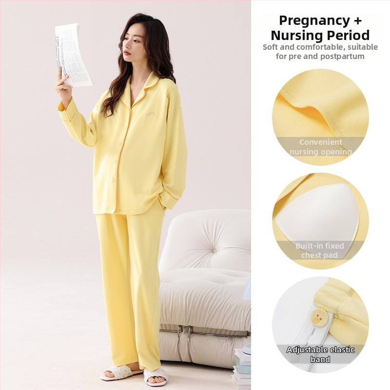 Nėštumo slaugos pižama pavasariui ir rudeniui — elastinga medvilnė, ilgos rankovės, kardigano stiliaus apykaklė su lapeliu, krūties įdėklai, 95–100% medvilnė, vidutinio svorio audinys (161–180 g/m²)