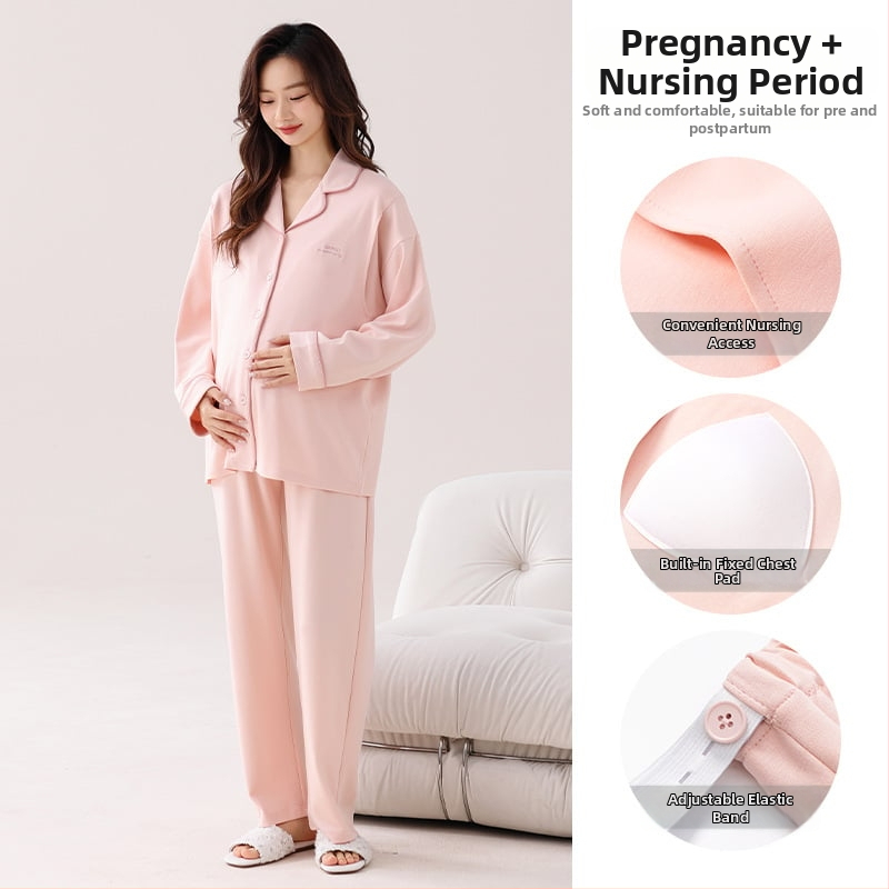 Nėštumo slaugos pižama pavasariui ir rudeniui — elastinga medvilnė, ilgos rankovės, kardigano stiliaus apykaklė su lapeliu, krūties įdėklai, 95–100% medvilnė, vidutinio svorio audinys (161–180 g/m²)