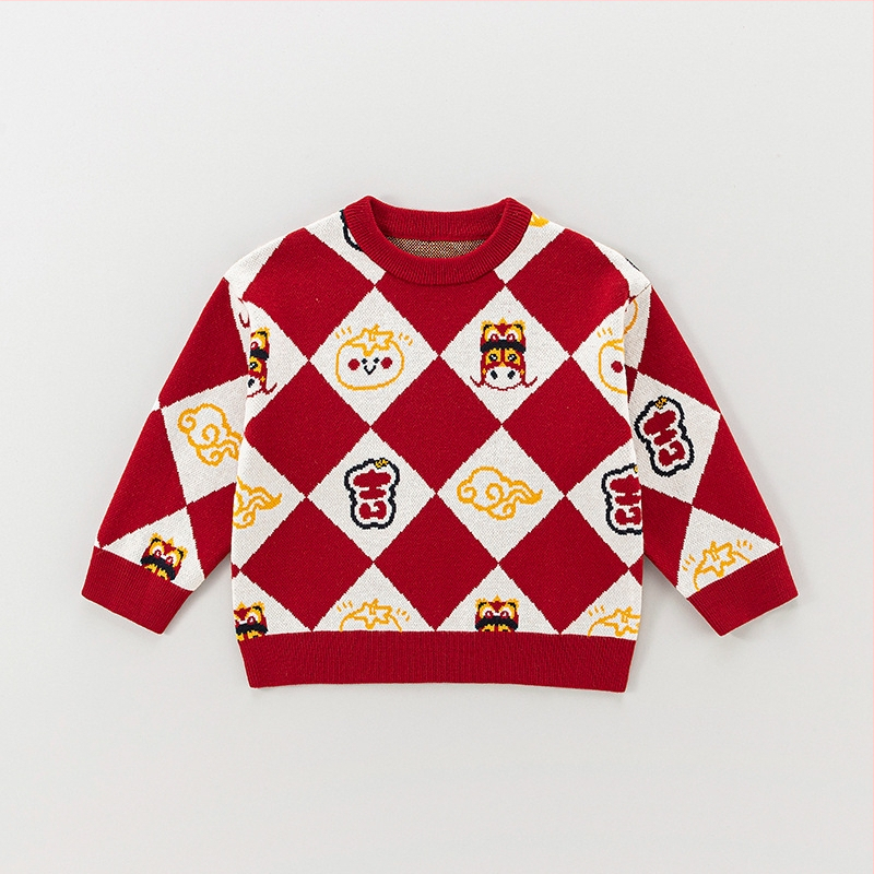 Vaikų storas megztinis su ilgomis rankovėmis ir apvaliu kaklu, žiemos kolekcija 2025, korėjietiškas stilius, tinka vaikams nuo 3 iki 8 metų, raštai: gyvūnai, raidės, abstraktūs