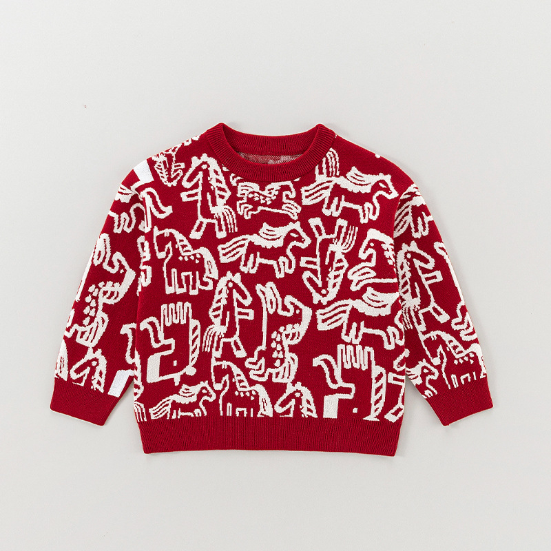 Vaikų storas megztinis su ilgomis rankovėmis ir apvaliu kaklu, žiemos kolekcija 2025, korėjietiškas stilius, tinka vaikams nuo 3 iki 8 metų, raštai: gyvūnai, raidės, abstraktūs
