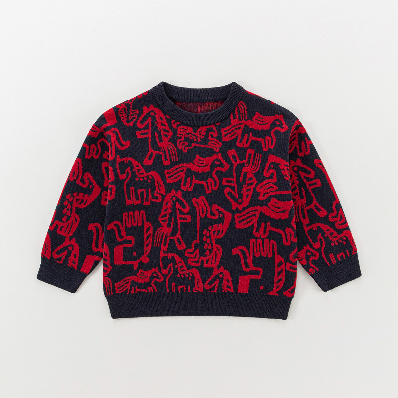 Vaikų storas megztinis su ilgomis rankovėmis ir apvaliu kaklu, žiemos kolekcija 2025, korėjietiškas stilius, tinka vaikams nuo 3 iki 8 metų, raštai: gyvūnai, raidės, abstraktūs