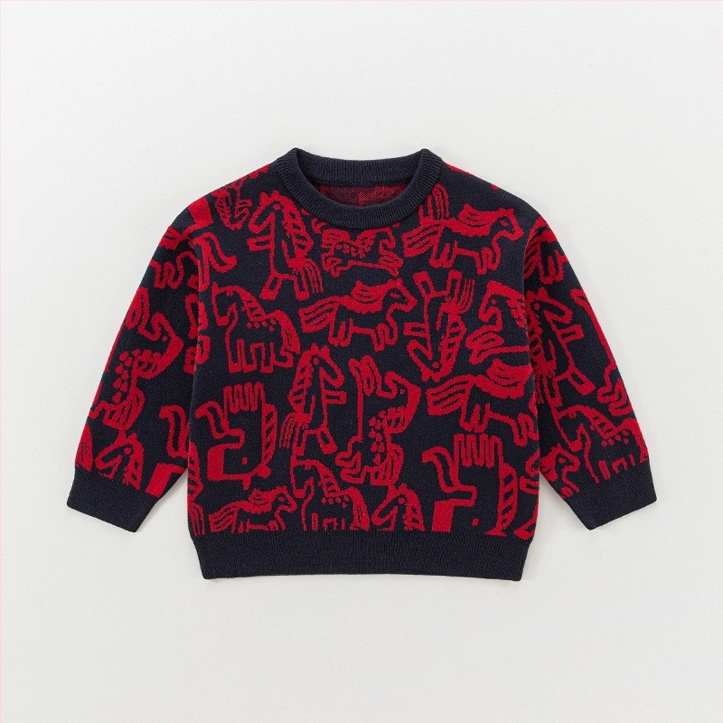 Vaikų storas megztinis su ilgomis rankovėmis ir apvaliu kaklu, žiemos kolekcija 2025, korėjietiškas stilius, tinka vaikams nuo 3 iki 8 metų, raštai: gyvūnai, raidės, abstraktūs