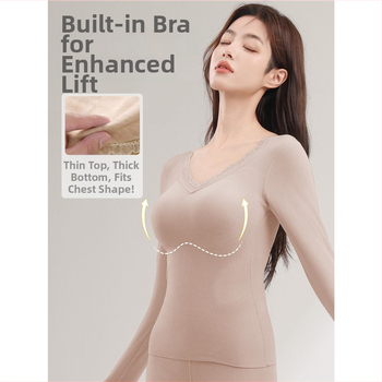 Moterų terminių apatinių komplektas su įdėta krūtinės pagalvėle, stora poliesterio medžiaga, V formos iškirptė, ilgomis rankovėmis viršutinė dalis ir kelnaitės (polieasterio audinys; įdėta krūtinės pagalvėlė; V- iškirptė; stora medžiaga)