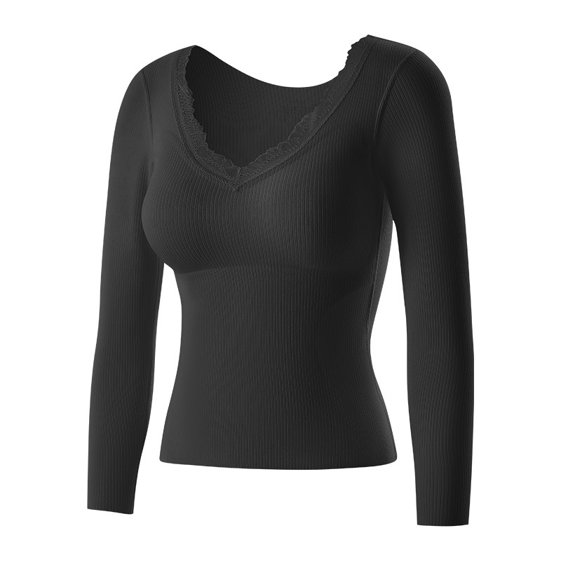 Moterų terminių apatinių komplektas su įdėta krūtinės pagalvėle, stora poliesterio medžiaga, V formos iškirptė, ilgomis rankovėmis viršutinė dalis ir kelnaitės (polieasterio audinys; įdėta krūtinės pagalvėlė; V- iškirptė; stora medžiaga)