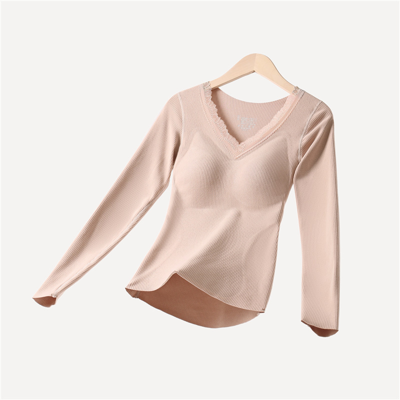 Moterų terminių apatinių komplektas su įdėta krūtinės pagalvėle, stora poliesterio medžiaga, V formos iškirptė, ilgomis rankovėmis viršutinė dalis ir kelnaitės (polieasterio audinys; įdėta krūtinės pagalvėlė; V- iškirptė; stora medžiaga)