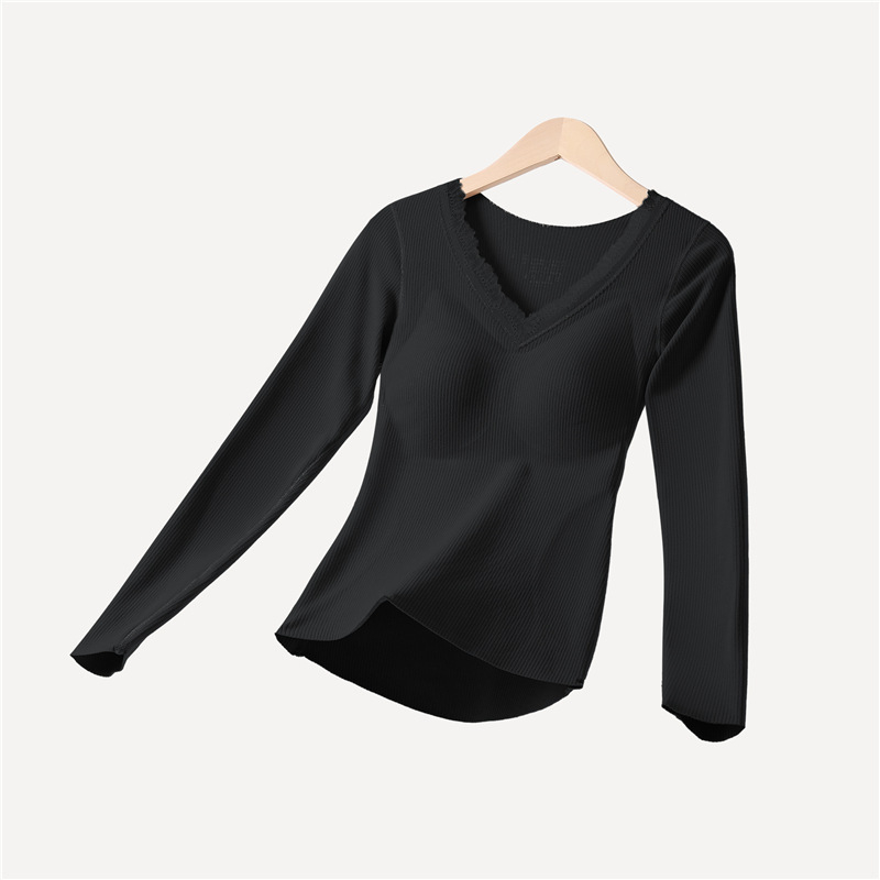 Moterų terminių apatinių komplektas su įdėta krūtinės pagalvėle, stora poliesterio medžiaga, V formos iškirptė, ilgomis rankovėmis viršutinė dalis ir kelnaitės (polieasterio audinys; įdėta krūtinės pagalvėlė; V- iškirptė; stora medžiaga)