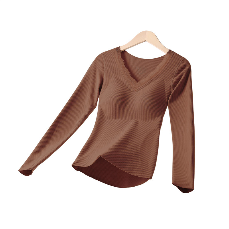 Moterų terminių apatinių komplektas su įdėta krūtinės pagalvėle, stora poliesterio medžiaga, V formos iškirptė, ilgomis rankovėmis viršutinė dalis ir kelnaitės (polieasterio audinys; įdėta krūtinės pagalvėlė; V- iškirptė; stora medžiaga)