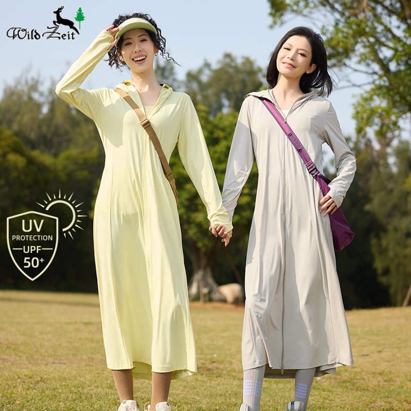 Ženska duga UV-zaštitna jakna, prozračna, brzo se suši, s kapuljačom, tkanina 88% najlon / 12% elastan