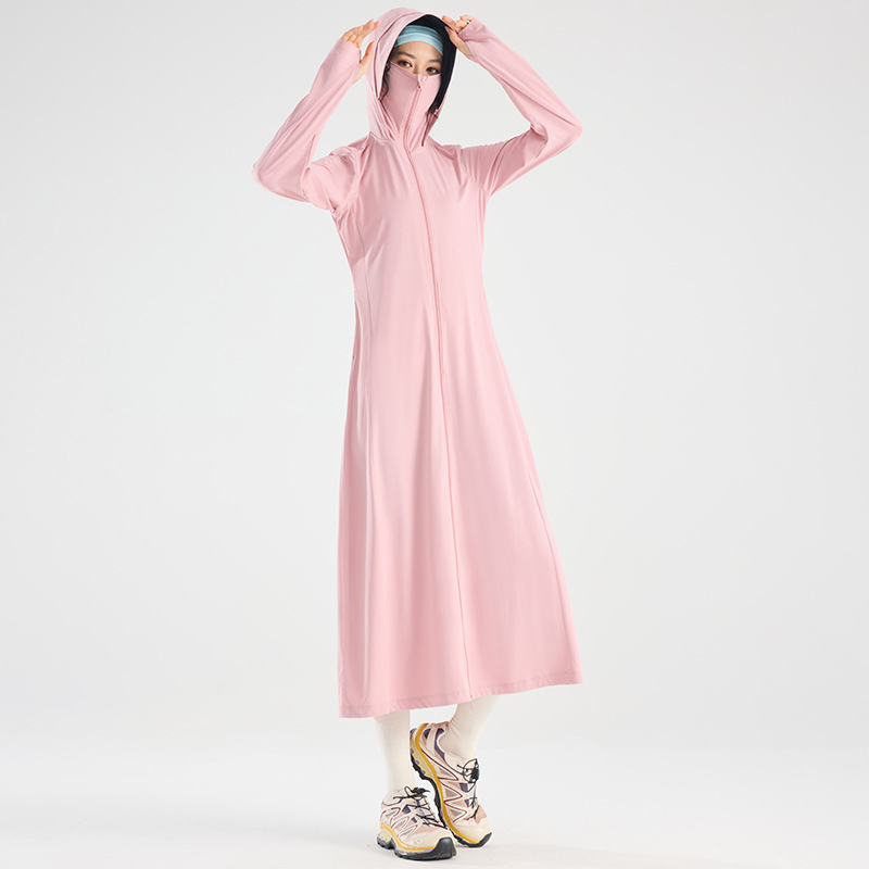 Ženska duga UV-zaštitna jakna, prozračna, brzo se suši, s kapuljačom, tkanina 88% najlon / 12% elastan