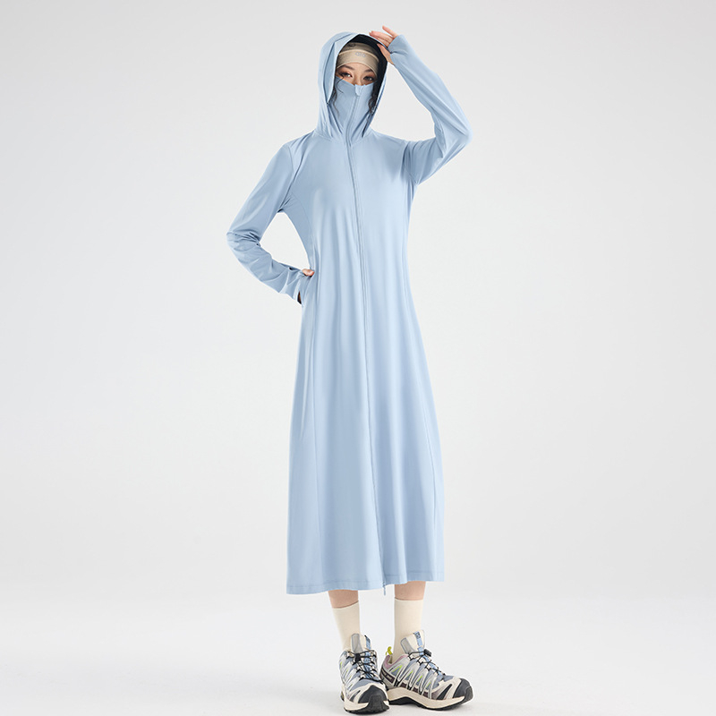 Ženska duga UV-zaštitna jakna, prozračna, brzo se suši, s kapuljačom, tkanina 88% najlon / 12% elastan