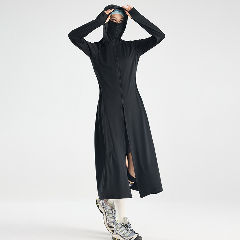 Ženska duga UV-zaštitna jakna, prozračna, brzo se suši, s kapuljačom, tkanina 88% najlon / 12% elastan