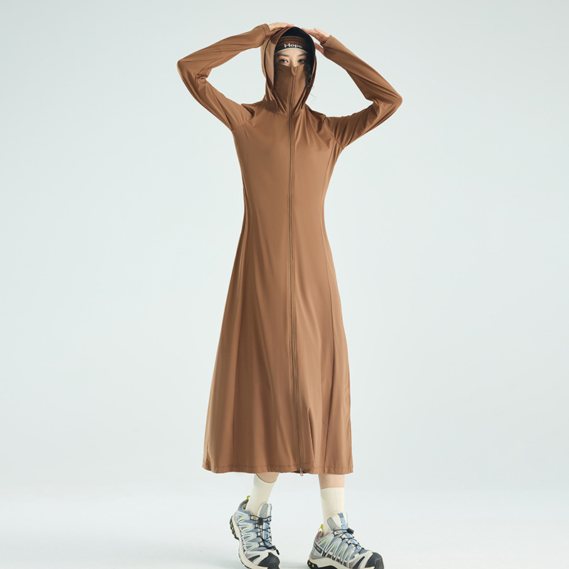 Ženska duga UV-zaštitna jakna, prozračna, brzo se suši, s kapuljačom, tkanina 88% najlon / 12% elastan