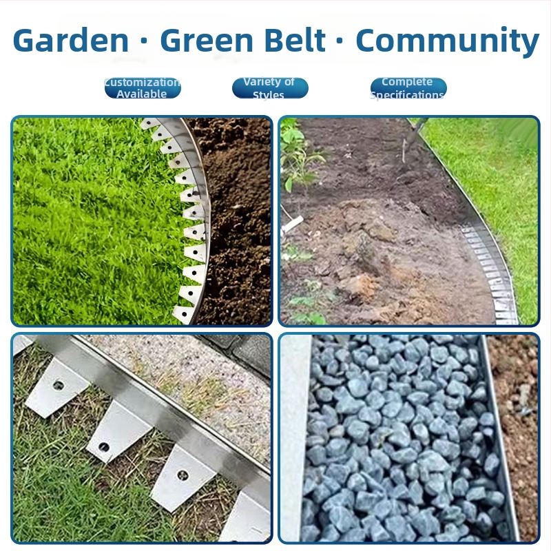 Λωρίδα απομόνωσης γρασιδιού και λίθων από ανοξείδωτο χάλυβα — καμπύλη περιμετρική ζώνη κήπου για γκαζόν και παρτέρια