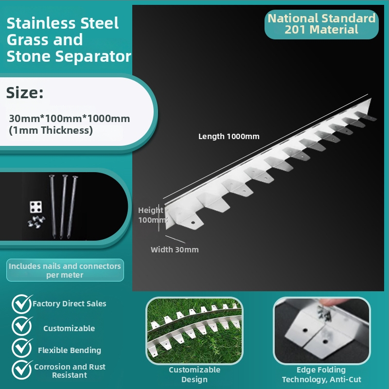 Λωρίδα απομόνωσης γρασιδιού και λίθων από ανοξείδωτο χάλυβα — καμπύλη περιμετρική ζώνη κήπου για γκαζόν και παρτέρια
