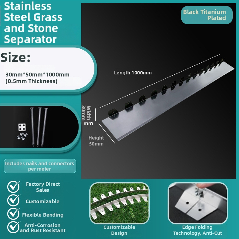 Λωρίδα απομόνωσης γρασιδιού και λίθων από ανοξείδωτο χάλυβα — καμπύλη περιμετρική ζώνη κήπου για γκαζόν και παρτέρια