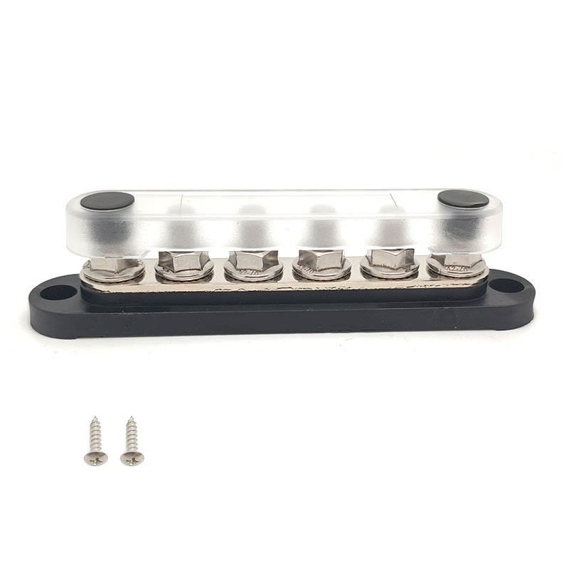 Kopinė busbar paskirstymo juosta 12-48V DC sistemoms, 4- arba 6-kanalų, modeliai XHLP-M8-6 ir XHLP-M8-4-M4-6