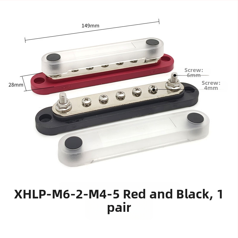 Kopinė busbar paskirstymo juosta 12-48V DC sistemoms, 4- arba 6-kanalų, modeliai XHLP-M8-6 ir XHLP-M8-4-M4-6