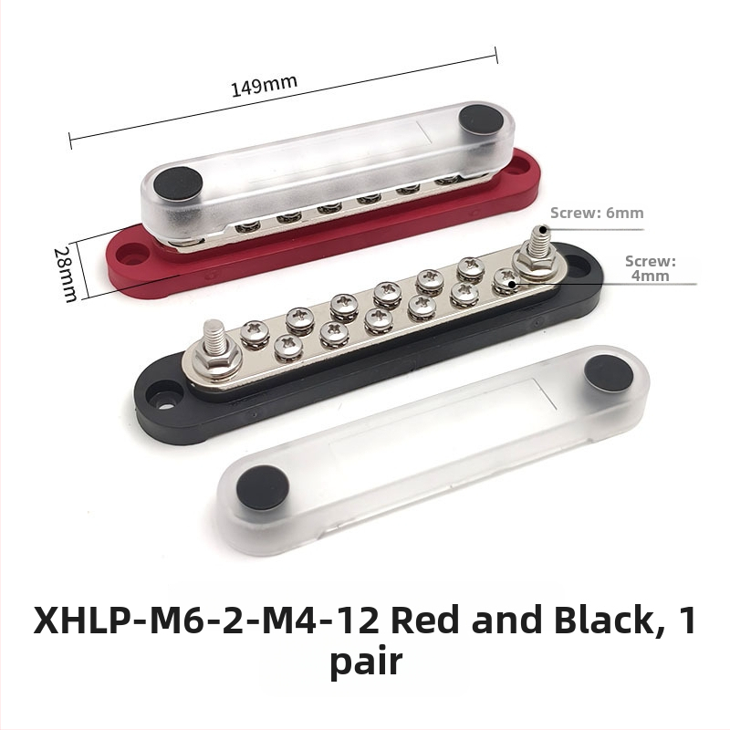 Kopinė busbar paskirstymo juosta 12-48V DC sistemoms, 4- arba 6-kanalų, modeliai XHLP-M8-6 ir XHLP-M8-4-M4-6