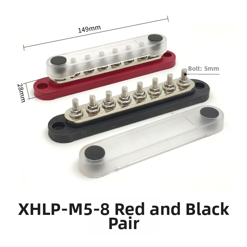 Kopinė busbar paskirstymo juosta 12-48V DC sistemoms, 4- arba 6-kanalų, modeliai XHLP-M8-6 ir XHLP-M8-4-M4-6