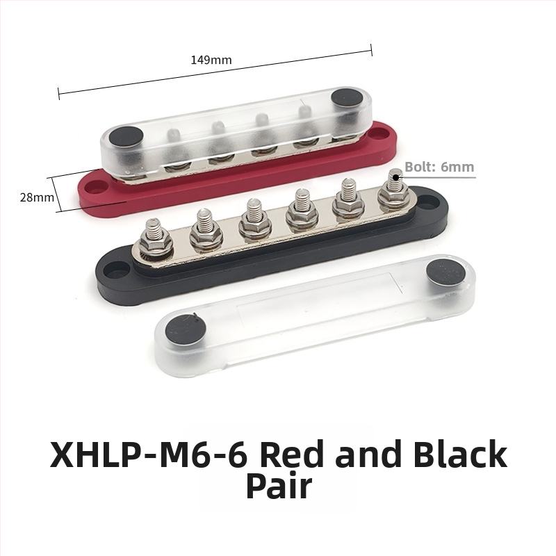 Kopinė busbar paskirstymo juosta 12-48V DC sistemoms, 4- arba 6-kanalų, modeliai XHLP-M8-6 ir XHLP-M8-4-M4-6