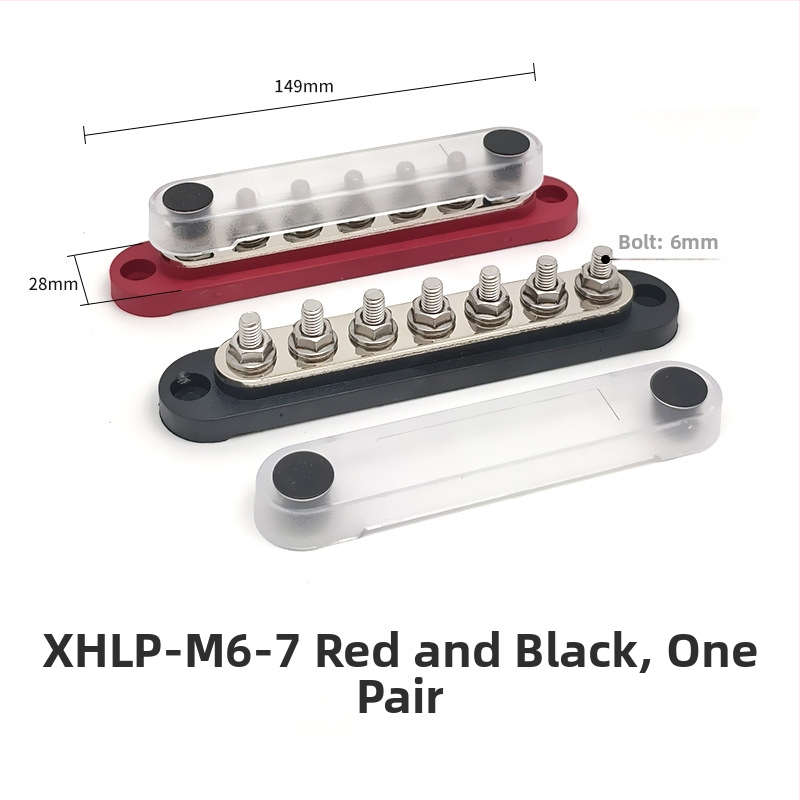 Kopinė busbar paskirstymo juosta 12-48V DC sistemoms, 4- arba 6-kanalų, modeliai XHLP-M8-6 ir XHLP-M8-4-M4-6