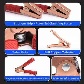 Iš gryno vario pagamintas krokodilo klipsas su gaubteliu laidimu ir automobilio akumuliatoriaus testavimui