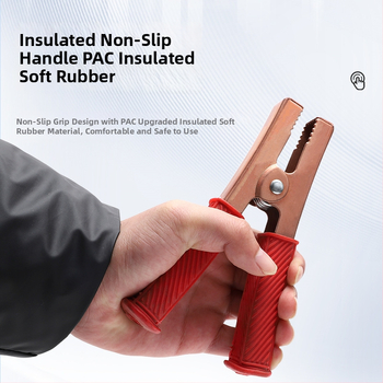 Iš gryno vario pagamintas krokodilo klipsas su gaubteliu laidimu ir automobilio akumuliatoriaus testavimui