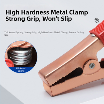 Iš gryno vario pagamintas krokodilo klipsas su gaubteliu laidimu ir automobilio akumuliatoriaus testavimui