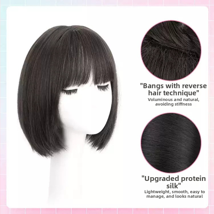 Parukos moterims — pilna galvos paruka, natūralus vaizdas, bob šukuosena, rankų darbo, atsparios aukštai temperatūrai pluoštai