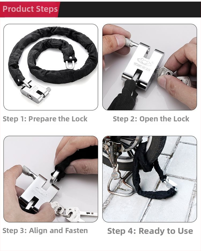 ķēdes slēdzene ar pretzādzības un pretgriešanas aizsardzību, no dzelzs tērauda, modelis 698573, Guangzhou Jingli, piemērots tricikliem, velosipēdiem, motocikliem un elektriskajiem velosipēdiem, moderns minimālisma dizains.