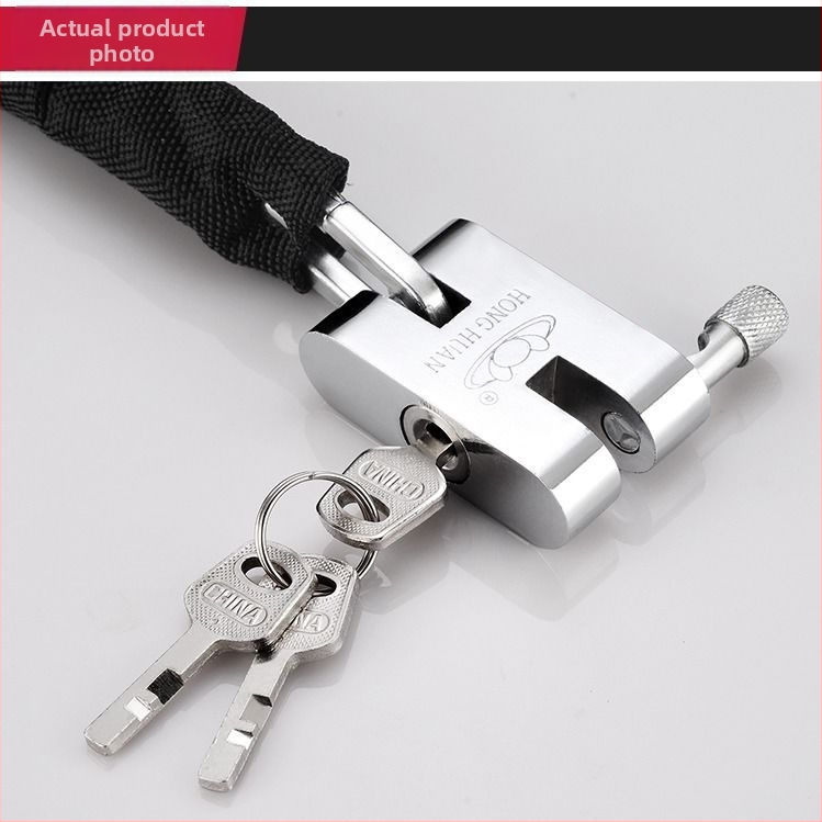 ķēdes slēdzene ar pretzādzības un pretgriešanas aizsardzību, no dzelzs tērauda, modelis 698573, Guangzhou Jingli, piemērots tricikliem, velosipēdiem, motocikliem un elektriskajiem velosipēdiem, moderns minimālisma dizains.