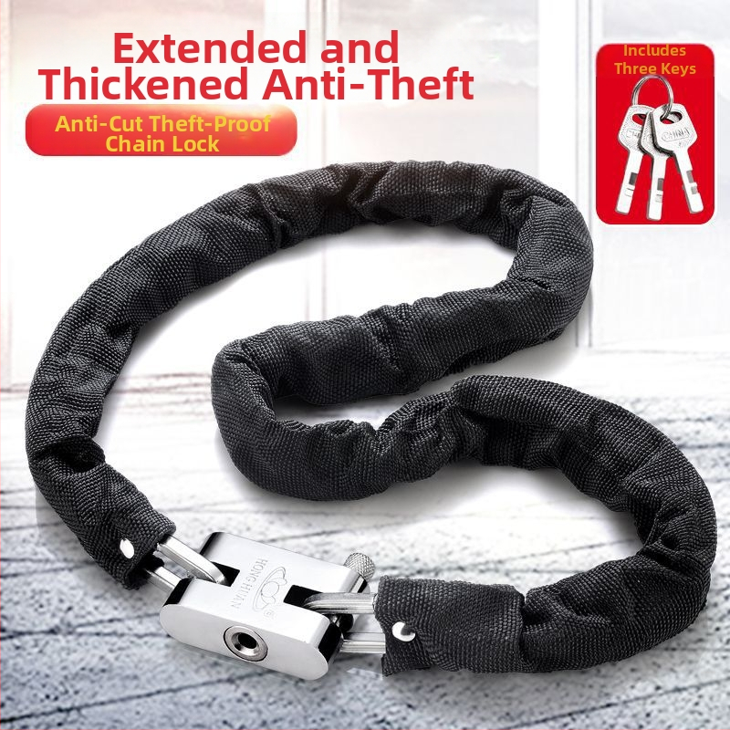 ķēdes slēdzene ar pretzādzības un pretgriešanas aizsardzību, no dzelzs tērauda, modelis 698573, Guangzhou Jingli, piemērots tricikliem, velosipēdiem, motocikliem un elektriskajiem velosipēdiem, moderns minimālisma dizains.