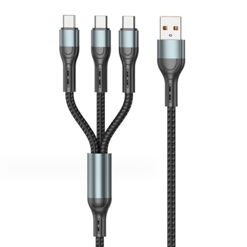 Ai line Rhino 3-in-1 greito įkrovimo duomenų kabelis su Lightning, Type-C ir Micro USB jungtimis, aliuminio lydinio korpusas, automatinis išjungimas, iki 6A maksimali galia