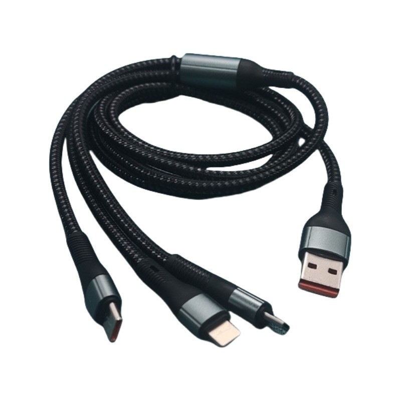 Ai line Rhino 3-in-1 greito įkrovimo duomenų kabelis su Lightning, Type-C ir Micro USB jungtimis, aliuminio lydinio korpusas, automatinis išjungimas, iki 6A maksimali galia