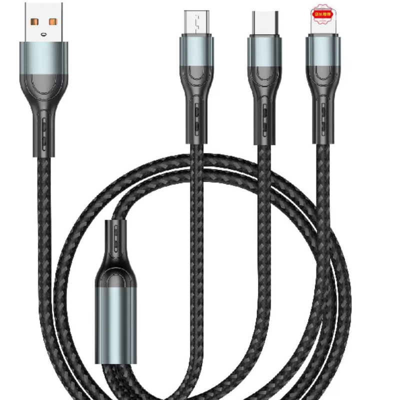 Ai line Rhino 3-in-1 greito įkrovimo duomenų kabelis su Lightning, Type-C ir Micro USB jungtimis, aliuminio lydinio korpusas, automatinis išjungimas, iki 6A maksimali galia