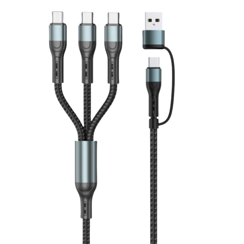 Ai line Rhino 3-in-1 greito įkrovimo duomenų kabelis su Lightning, Type-C ir Micro USB jungtimis, aliuminio lydinio korpusas, automatinis išjungimas, iki 6A maksimali galia