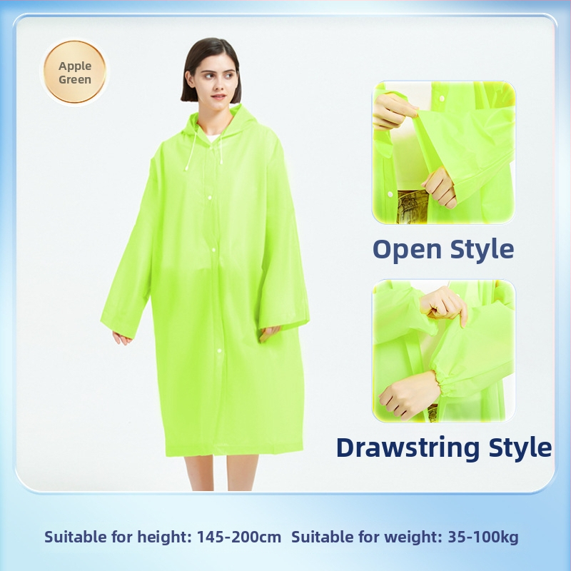 Žygio lietaus pončas iš EVA audinio, daugkartinis naudojimas suaugusiems, vienam asmeniui, ilgas ir nešiojamas, atsparus vandeniui su PE klijų sluoksniu (0.10 stores)