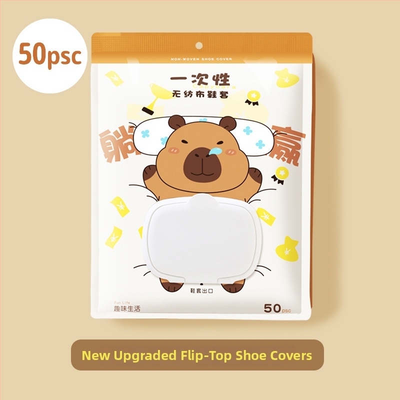 Vienkartiniai avalynės užklotai iš neaudinio medžiagos su kapibara raštu, elastinis žiedas ir tempimo raištis, namų naudojimui, įprastas storis