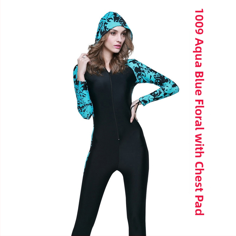 Sbart vientisas plaukimo kombinezonas su gobtuvu saulės apsaugai ir medūzų apsaugai - greitai džiūsta, 82% nailonas / 18% spandeksas, gėlių raštas, suaugusiųjų unisex