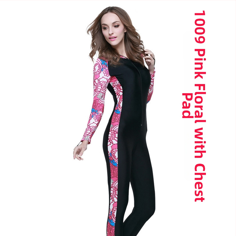 Sbart vientisas plaukimo kombinezonas su gobtuvu saulės apsaugai ir medūzų apsaugai - greitai džiūsta, 82% nailonas / 18% spandeksas, gėlių raštas, suaugusiųjų unisex