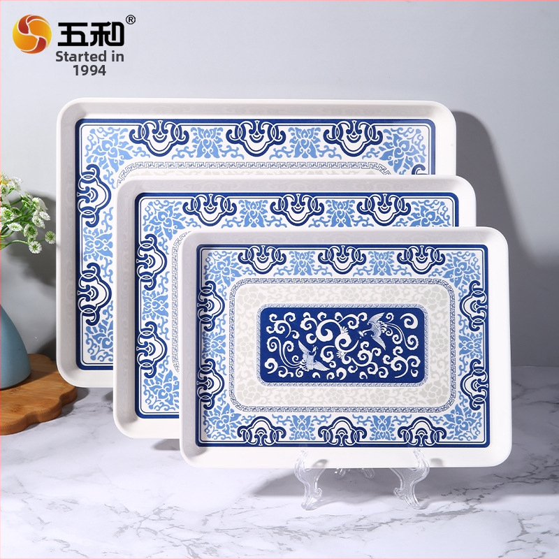 Melamininis kvadratinis arbatos padėklas naujame Kinų stiliuje, su įvairiais raštais, spausdintu logotipu ir galimybe pritaikyti.