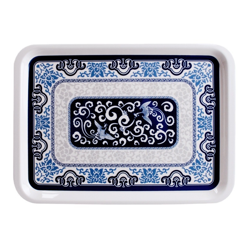 Melamininis kvadratinis arbatos padėklas naujame Kinų stiliuje, su įvairiais raštais, spausdintu logotipu ir galimybe pritaikyti.