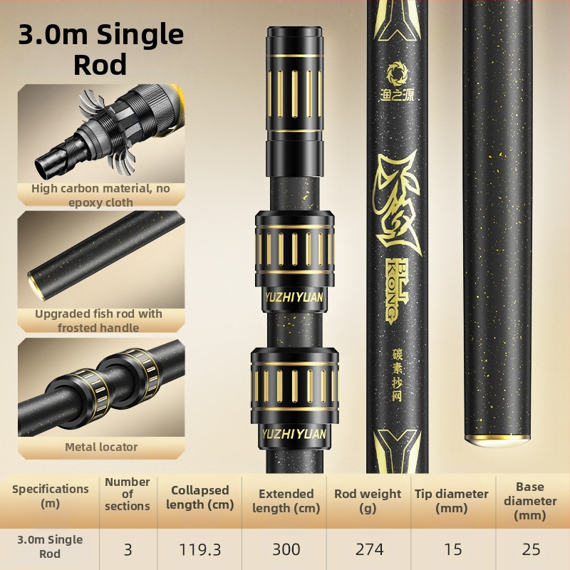 Kalastusvõrgu varras teleskoopvarrega, suur võrgukott, tugevdatud süsinikkiust konstruktsioon