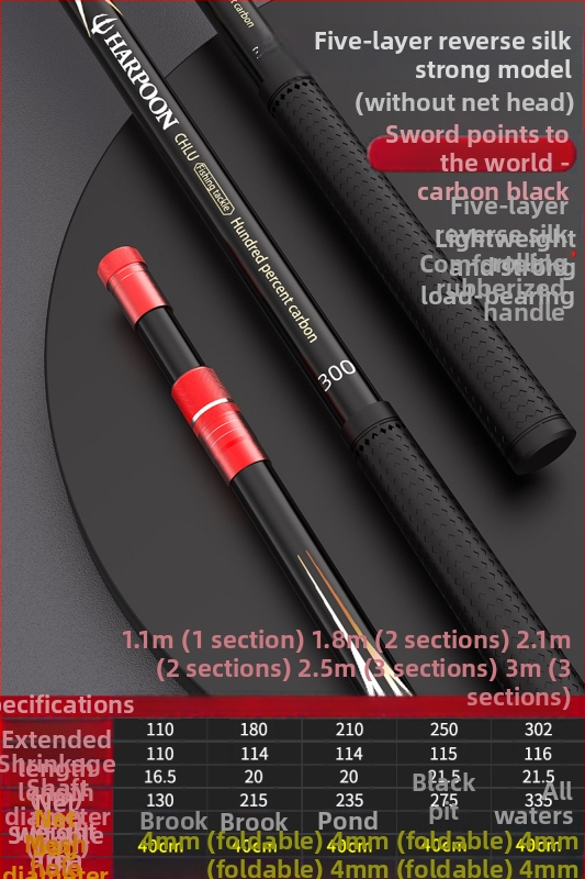 Karbono pluošto teleskopinis žvejybos tinklo komplektas su plonu tinkleliu, tinklo gylis 45 cm