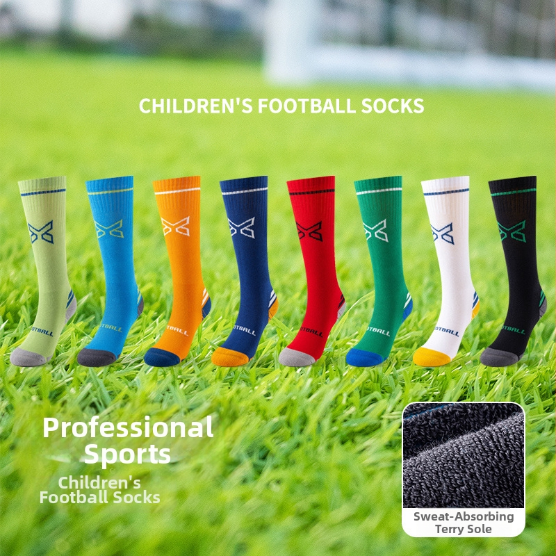 Detské športové ponožky na futbal s froté spodkom, protišmyková spodná časť, priedušné a pot absorpčné, dlhý trubkovitý dizajn, vzor s písmenami