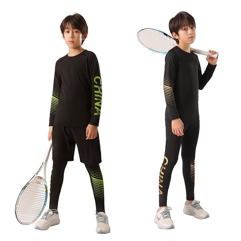 Vaikų sportinis komplektas — greitai džiūstantis, kvėpuojantis, ultralengvas milk silk audinys su 8% spandekso; ilgos rankovės, apvalus kaklas; rudens drabužiai berniukams